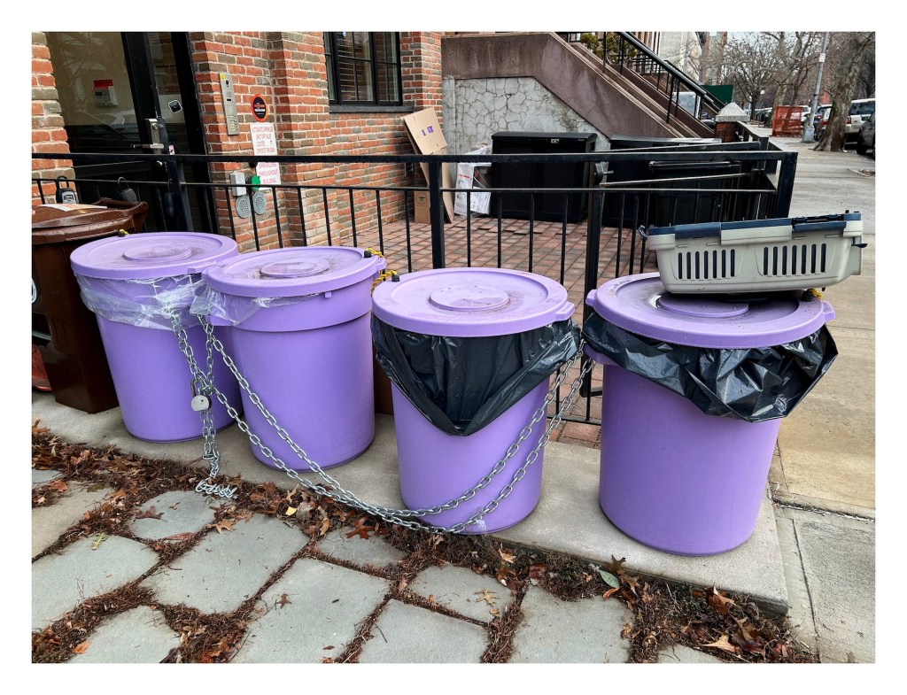A line of four purple trash cans sit in a row in front of an apartment building, chained together and to a metal fence.